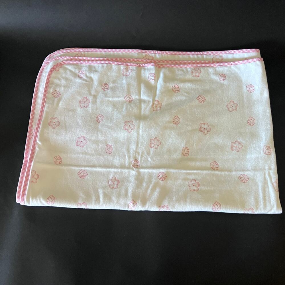 Pottery Barn Kids Blanket Cotton White Pink Gingham Trim Flowers Blocks 25x36" - Picture 3 of 8